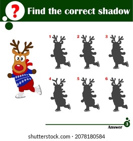 Educational game for preschool children. Find a suitable shadow. Cute deer on skates. Cartoon vector illustration for children