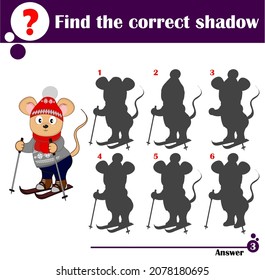 Educational game for preschool children. Find a suitable shadow. Cute mouse on skis. Cartoon vector illustration for children