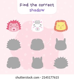 Educational game for preschool children. Find the correct shadow. Set of domestic and wild, cartoon animals for printing. Vector illustration in flat style
