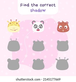 Educational game for preschool children. Find the correct shadow. Set of domestic and wild, cartoon animals for printing. Vector illustration in flat style