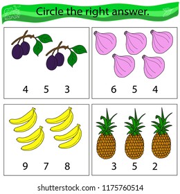 Educational game for preschool children. Fruit.  Plum, figs, banana, pineapple. Colored Vector illustration.