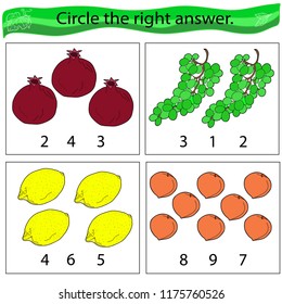 Educational game for preschool children. Fruit. Gratin, grapes, lemon, apricot. Colored Vector illustration.