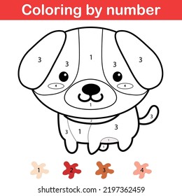 Educational game for preschool children, learn colors and number. Coloring page with numbers. Cute kawaii cartoon dog.