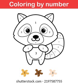 Educational game for preschool children, learn colors and number. Coloring page with numbers. Cute kawaii cartoon raccoon.