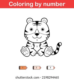 Educational game for preschool children, learn colors and number. Coloring page with numbers. Cute kawaii cartoon tiger.