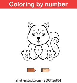 Educational game for preschool children, learn colors and number. Coloring page with numbers. Cute kawaii cartoon squirrel.
