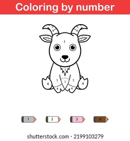 Educational game for preschool children, learn colors and number. Coloring page with numbers. Cute kawaii cartoon goat.