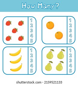 Educational game for preschool children. Learning to count up to 5. Fruits. The development of logic and attention. Vector illustration. Sheet for printing