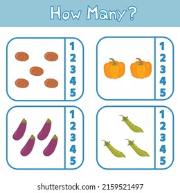 Educational game for preschool children. Learning to count up to 5. Vegetables. The development of logic and attention. Vector illustration. Sheet for printing.
