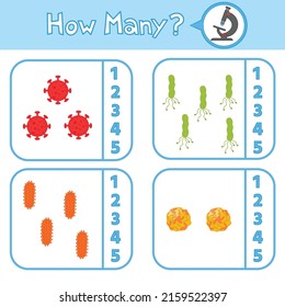 Educational game for preschool children. Learning to count up to 5. Viruses and microbes. The development of logic and attention. Vector illustration. Sheet for printing