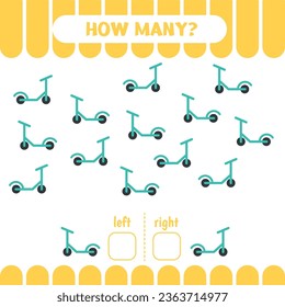 Juego educativo para niños de preescolar. Página de recuento de matemáticas para que los niños aprendan direcciones. ¿Cuántos scooters van a la izquierda y a la derecha?
