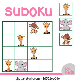 Educational game for preschool children and schoolchildren. Vector illustration. Sudoku, animals
