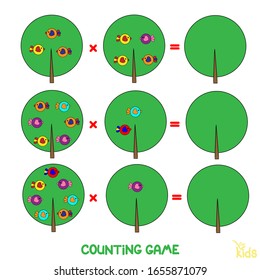 Educational game for preschool children and schoolchildren. Vector illustration. Multiplication Examples. Birds on a tree