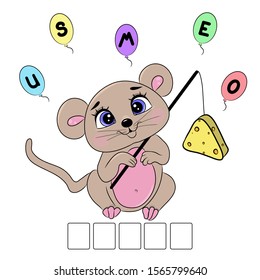 Educational game for preschool children. Vector illustration. Write the name of the animal in the cells. Cute little mouse