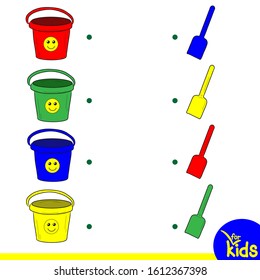 Educational game for preschool children. Vector illustration. Find the matching color of scoop and bucket