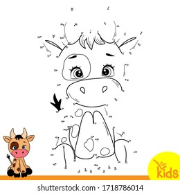 Educational game for preschool children. Vector illustration. Connect the dots in order. Cow