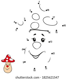 An educational game for preschool children. Vector illustration. Connect the dots in order. Black and white coloring. Mushroom