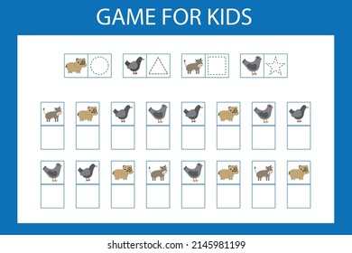 Educational game for preschool children. Vector illustration. Enter the desired character in the cells in accordance with the picture.