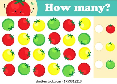 Educational game for preschool kids, children. Mathematics task. How many, counting game. Learning math, numbers and colors. 