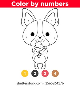 Educational game for preschool kids. Color by numbers. Kawaii French bulldog puppy with ice cream. 