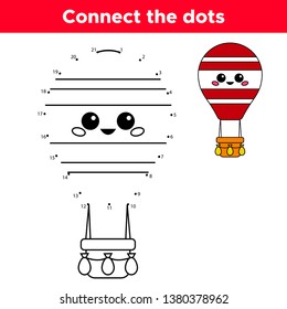Educational game for preschool kids. Connect dot to dot. Coloring page. Kawaii hot air balloon.