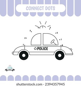 Juego educativo para niños de preescolar. Conectar puntos. Únete a la línea y color del auto de la policía. Ilustración del vector
