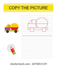 Educational game for preschool kids. Copy the cartoon car picture by connecting the dot. Dot to dot copy practice.  
