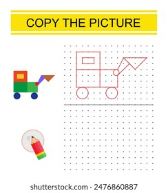 Educational game for preschool kids. Copy the cartoon excavator picture by connecting the dot. Dot to dot copy practice. Vector illustration. 