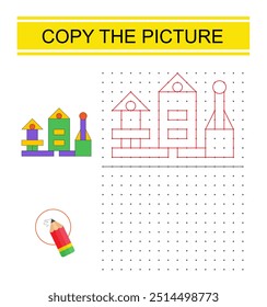 Juego educativo para niños en edad preescolar. Copie la imagen de la excavadora de dibujos animados conectando el punto. Práctica de copia punto a punto. 