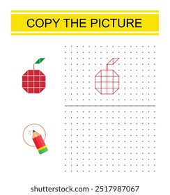 Educational game for preschool kids. Copy the cartoon apple. Picture by connecting the dot. Dot to dot copy practice. 