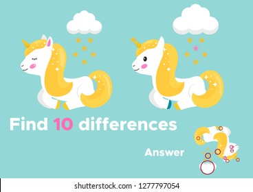 Educational game for preschool kids, find ten differences. With answer. Cute cartoon unicorn with cloud and stars rain. Fairy tale. Vector illustration.