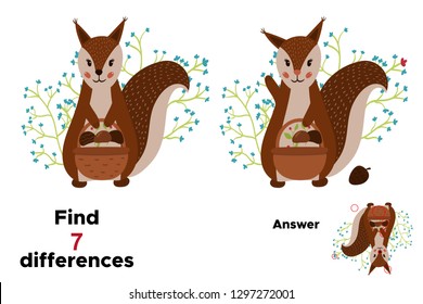 Educational game for preschool kids, find seven differences. With answer. Cute cartoon squirrel with a basket of mushrooms. Woodland animals. Vector illustration.