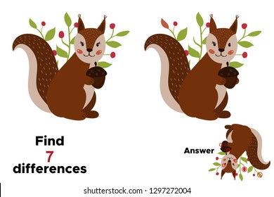 Educational game for preschool kids, find seven differences. With answer. Cute cartoon squirrel with acorn. Woodland animals. Vector illustration.