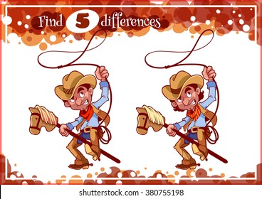 Educational game for preschool kids, find the differences. Funny cowboy with lasso on a stick-horse. Cartoon vector illustration.