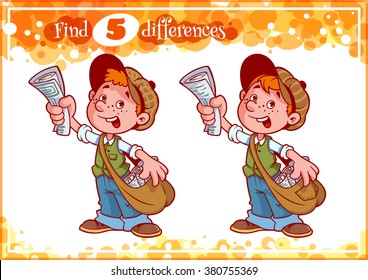 Educational Game For Preschool Kids, Find The Differences. Cute Boy With Newspaper. Cartoon Vector Illustration.