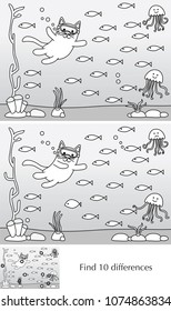 Educational game for preschool kids - finding 10 differences - cartoon illustration of little cat diving with a solution in black and white