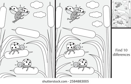Educational game for preschool kids - finding differences - cartoon illustration of ladybugs with a solution in black and white
