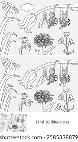 Educational game for preschool kids - finding differences - cartoon illustration of ladybugs with a solution in black and white