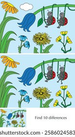 Educational game for preschool kids - finding differences - cartoon illustration of ladybugs with a solution