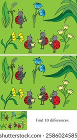 Educational game for preschool kids - finding differences - cartoon illustration of ladybugs with a solution