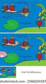 Educational game for preschool kids - finding differences - cartoon illustration of ladybugs with a solution