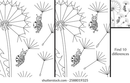 Educational game for preschool kids - finding differences - cartoon illustration of ladybugs with a solution