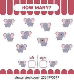 Educational game for preschool kids. Learn left and right. How many elephants go ro the left and to the right