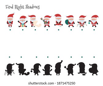 Educational Game For Preschool Kids. Match Right Shadows. Cute Cartoon Santa Claus. Christmas Activity Worksheet.