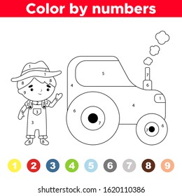 Educational game for preschool kids. Number coloring page. Kawaii cartoon farmer and tractor. Activity printable worksheet.