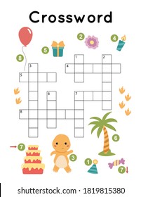 Educational game for preschool kids. Study English words. Cute cartoon dinosaur and birthday party.