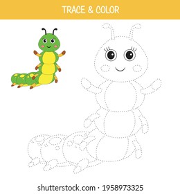 Educational Game For Preschool Kids And Toodlers, Help To Develop Writing Skills And Eye-hand Coordination. Cute Vector Caterpillar For Coloring Book. Color And Trace Worksheet.