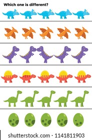 Educational game for preschool kids. What is different? Dinosaurs theme. Cartoon triceratops, pterodactyl, tyrannosaurus rex, stegosaurus, brachiosaurus and dinosaurs egg.