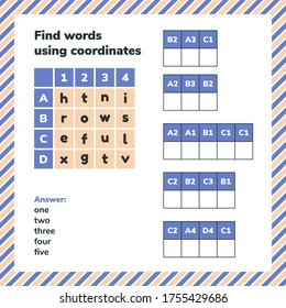 Educational game for preschool and school age children. Vector illustration. Find words using coordinates. Puzzle worksheet page.