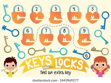 Educational game for preschoolers. Find and match extra keys with locks. Choose and connect correct silhouette. Task for developing children mindfulness and attention. Cartoon flat vector illustration